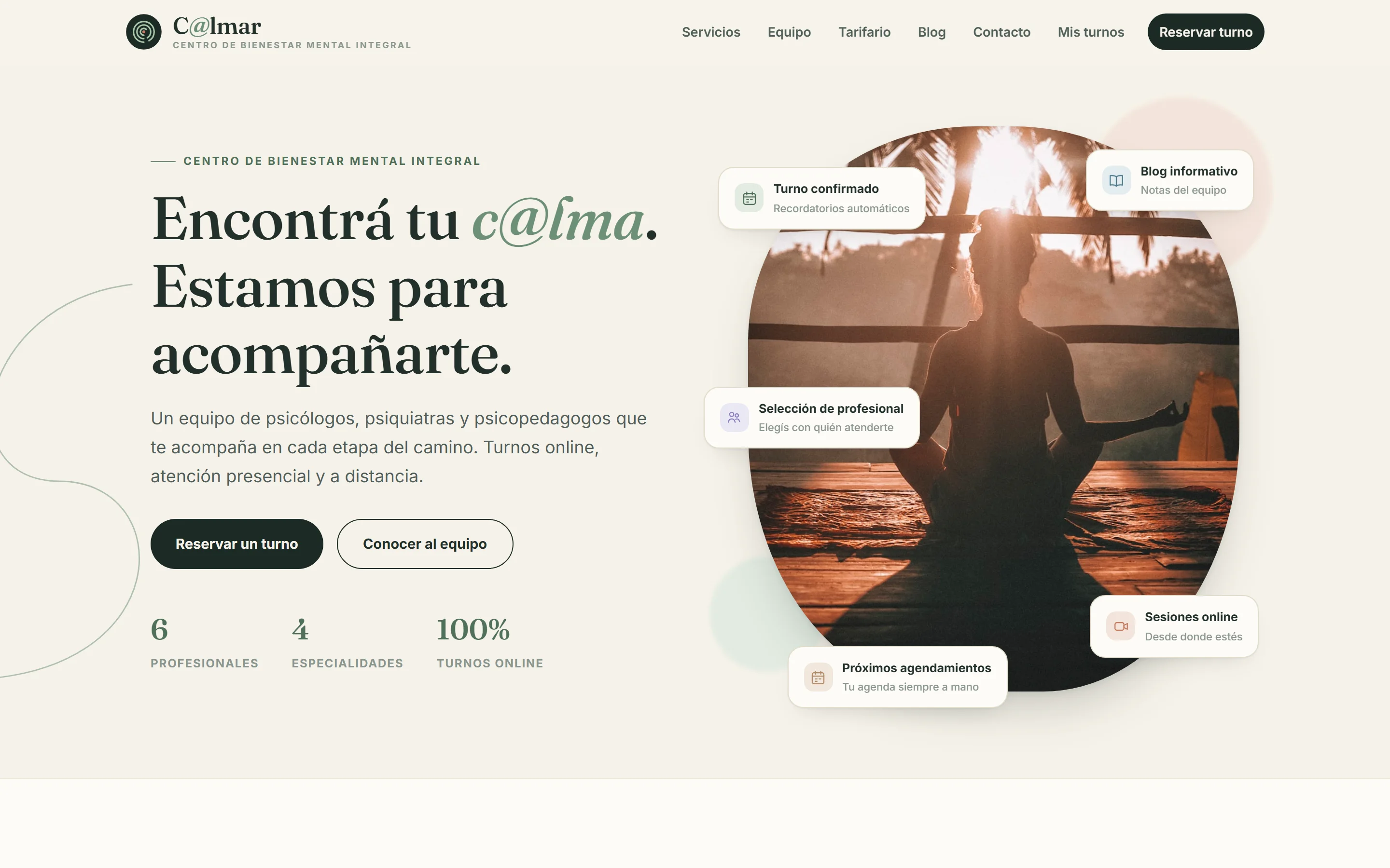 Captura del sitio C@lmar, Centro de Bienestar Mental Integral